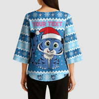 Personalized Blue Tiger Christmas Kimono Sleeve Blouse Kawaii Derpy Tiger Santa Mode - Wonder Print Shop