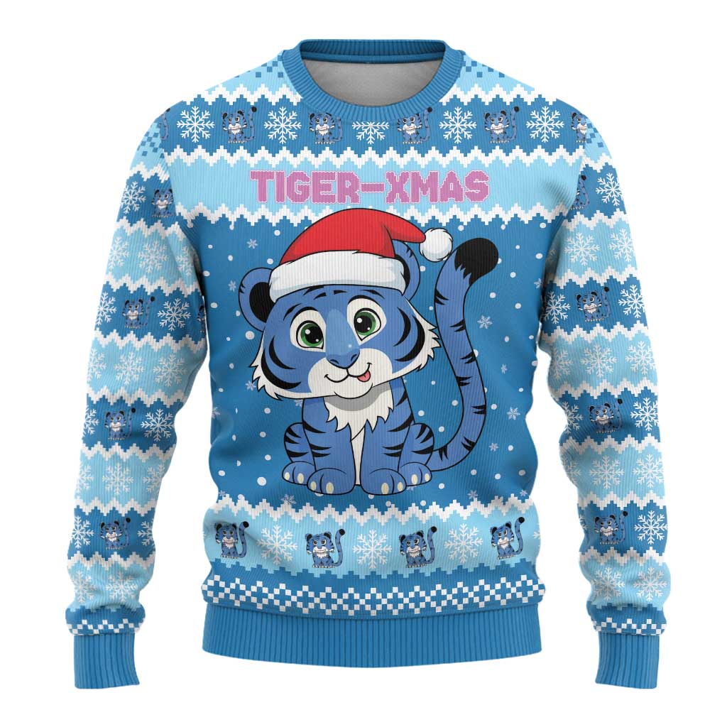 Personalized Blue Tiger Christmas Ugly Christmas Sweater Kawaii Derpy Tiger Santa Mode - Wonder Print Shop