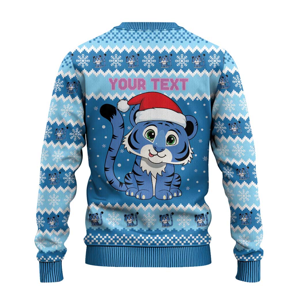 Personalized Blue Tiger Christmas Ugly Christmas Sweater Kawaii Derpy Tiger Santa Mode - Wonder Print Shop