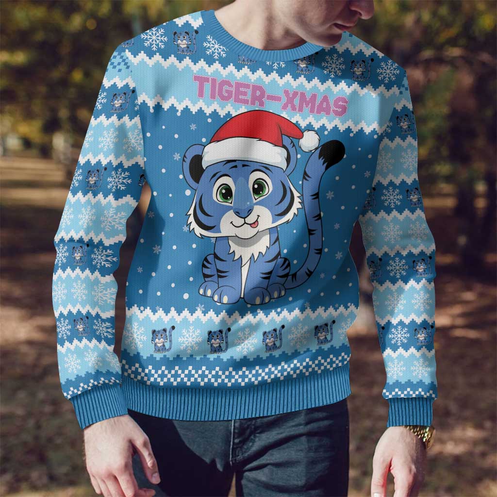 Personalized Blue Tiger Christmas Ugly Christmas Sweater Kawaii Derpy Tiger Santa Mode - Wonder Print Shop
