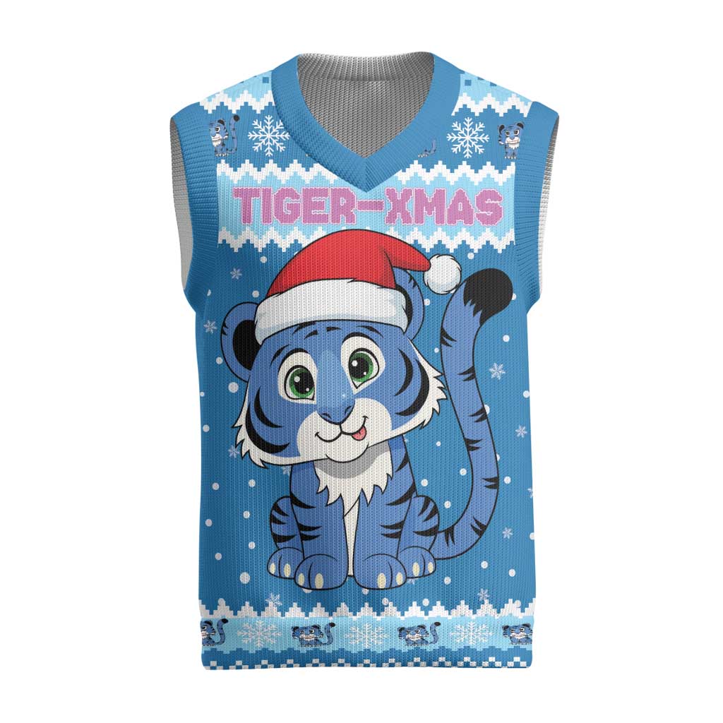 Personalized Blue Tiger Christmas Knitted V-Neck Vest Kawaii Derpy Tiger Santa Mode - Wonder Print Shop