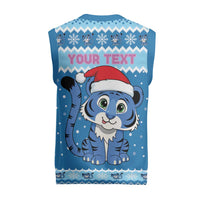 Personalized Blue Tiger Christmas Knitted V-Neck Vest Kawaii Derpy Tiger Santa Mode - Wonder Print Shop