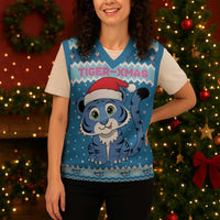 Personalized Blue Tiger Christmas Knitted V-Neck Vest Kawaii Derpy Tiger Santa Mode - Wonder Print Shop