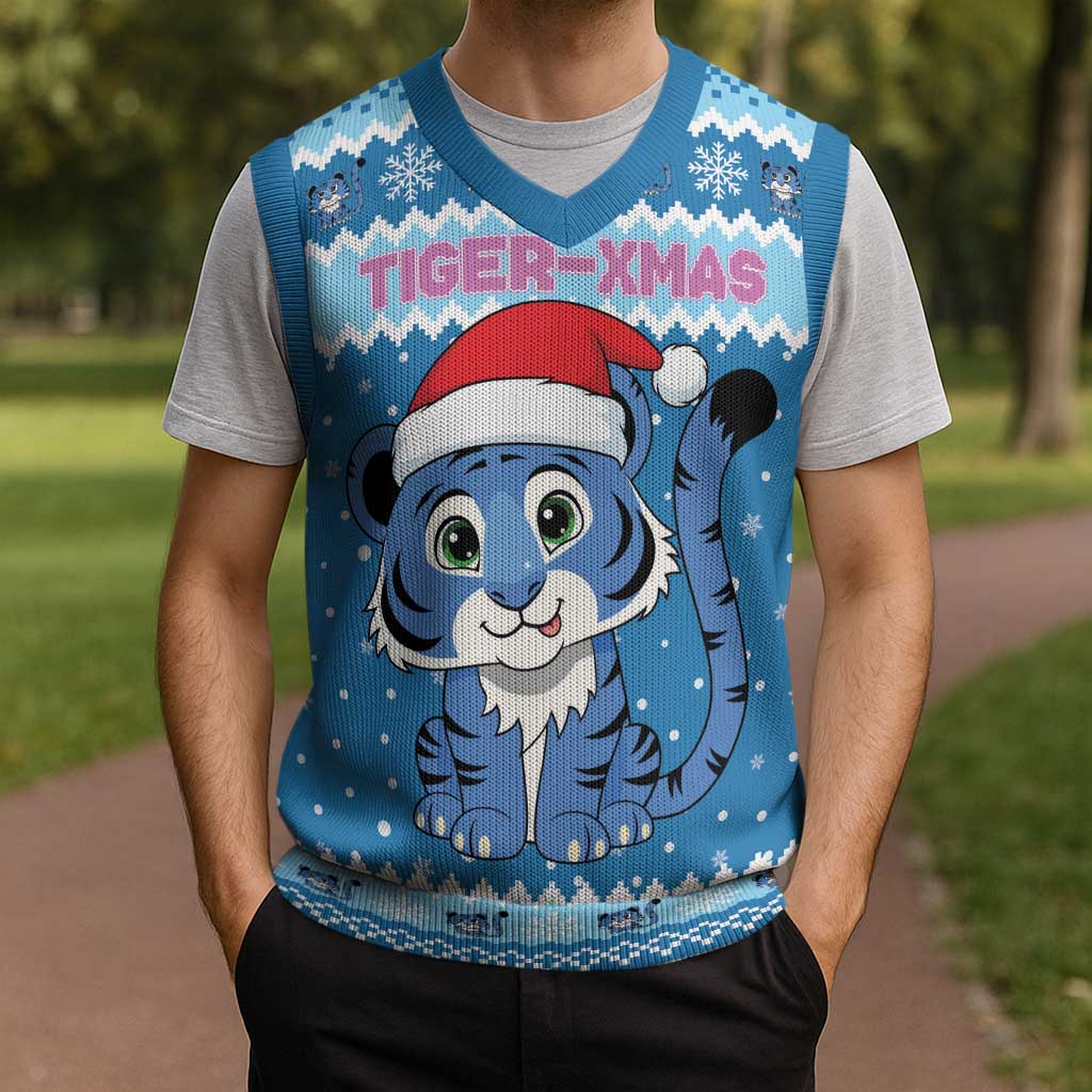 Personalized Blue Tiger Christmas Knitted V-Neck Vest Kawaii Derpy Tiger Santa Mode - Wonder Print Shop