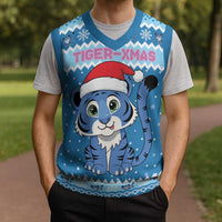 Personalized Blue Tiger Christmas Knitted V-Neck Vest Kawaii Derpy Tiger Santa Mode - Wonder Print Shop