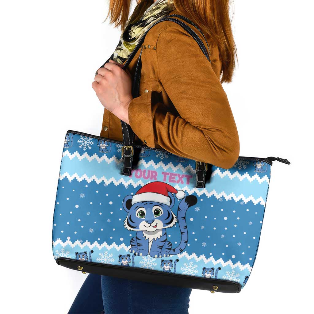 Personalized Blue Tiger Christmas Leather Tote Bag Kawaii Derpy Tiger Santa Mode - Wonder Print Shop