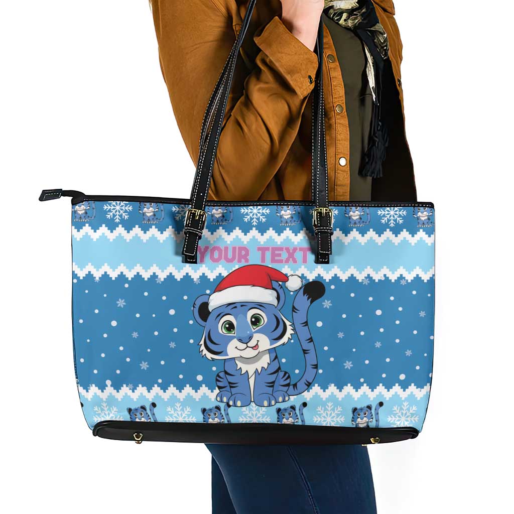 Personalized Blue Tiger Christmas Leather Tote Bag Kawaii Derpy Tiger Santa Mode - Wonder Print Shop