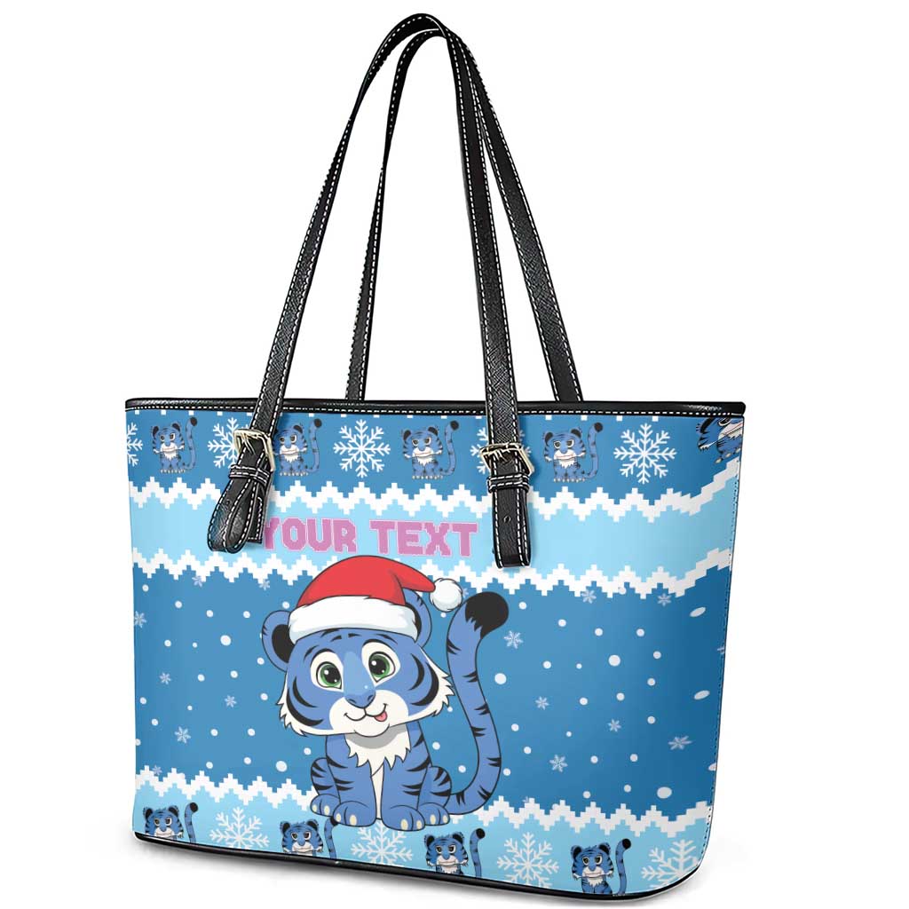 Personalized Blue Tiger Christmas Leather Tote Bag Kawaii Derpy Tiger Santa Mode - Wonder Print Shop