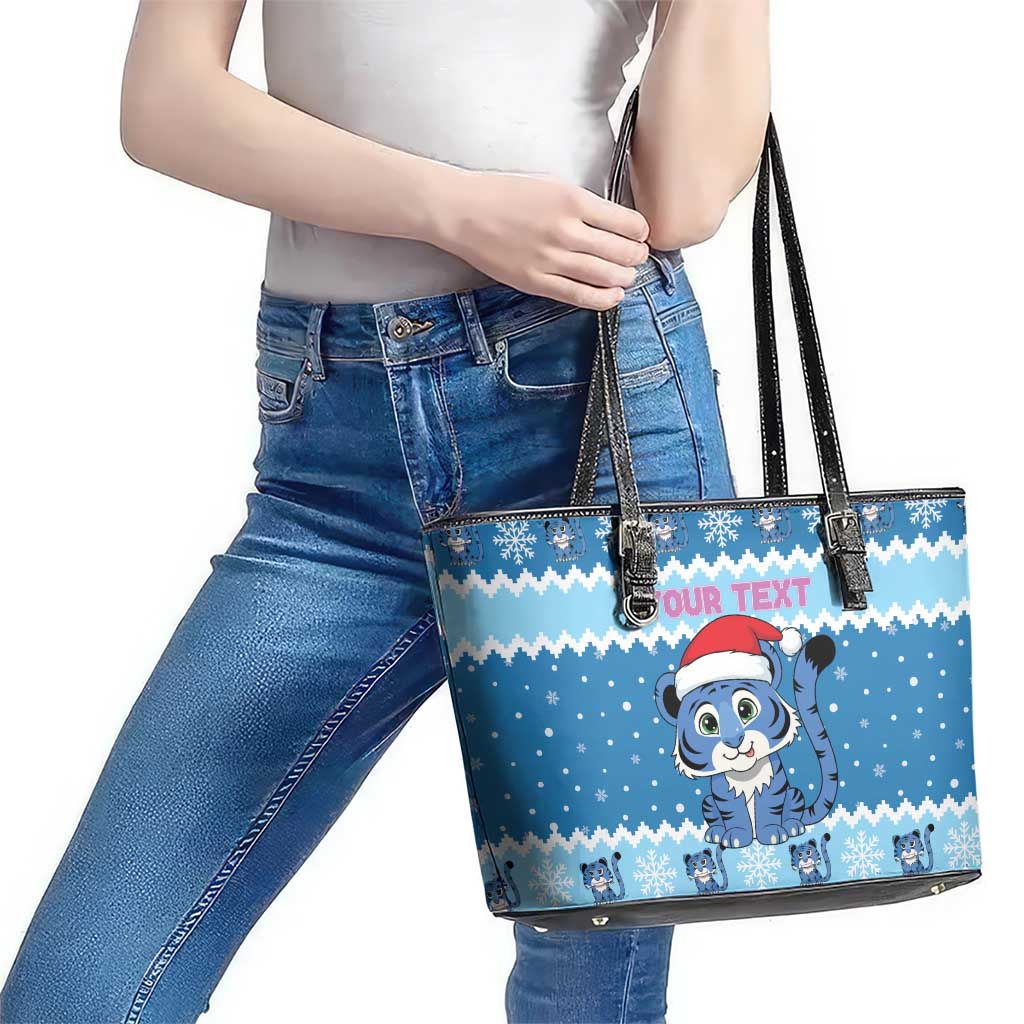 Personalized Blue Tiger Christmas Leather Tote Bag Kawaii Derpy Tiger Santa Mode - Wonder Print Shop