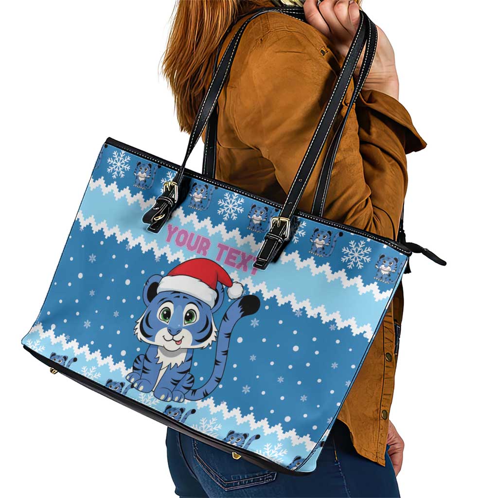 Personalized Blue Tiger Christmas Leather Tote Bag Kawaii Derpy Tiger Santa Mode - Wonder Print Shop