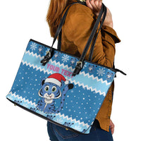 Personalized Blue Tiger Christmas Leather Tote Bag Kawaii Derpy Tiger Santa Mode - Wonder Print Shop