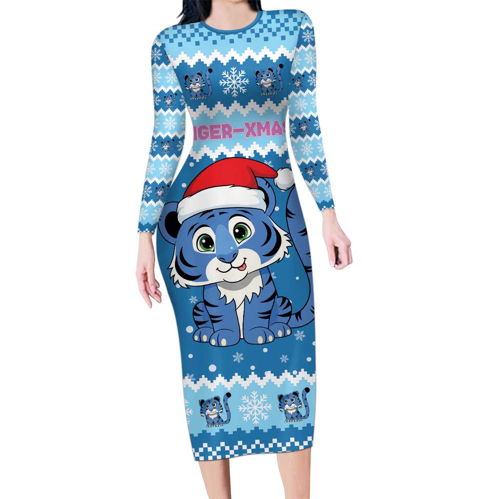 Personalized Blue Tiger Christmas Long Sleeve Bodycon Dress Kawaii Derpy Tiger Santa Mode - Wonder Print Shop