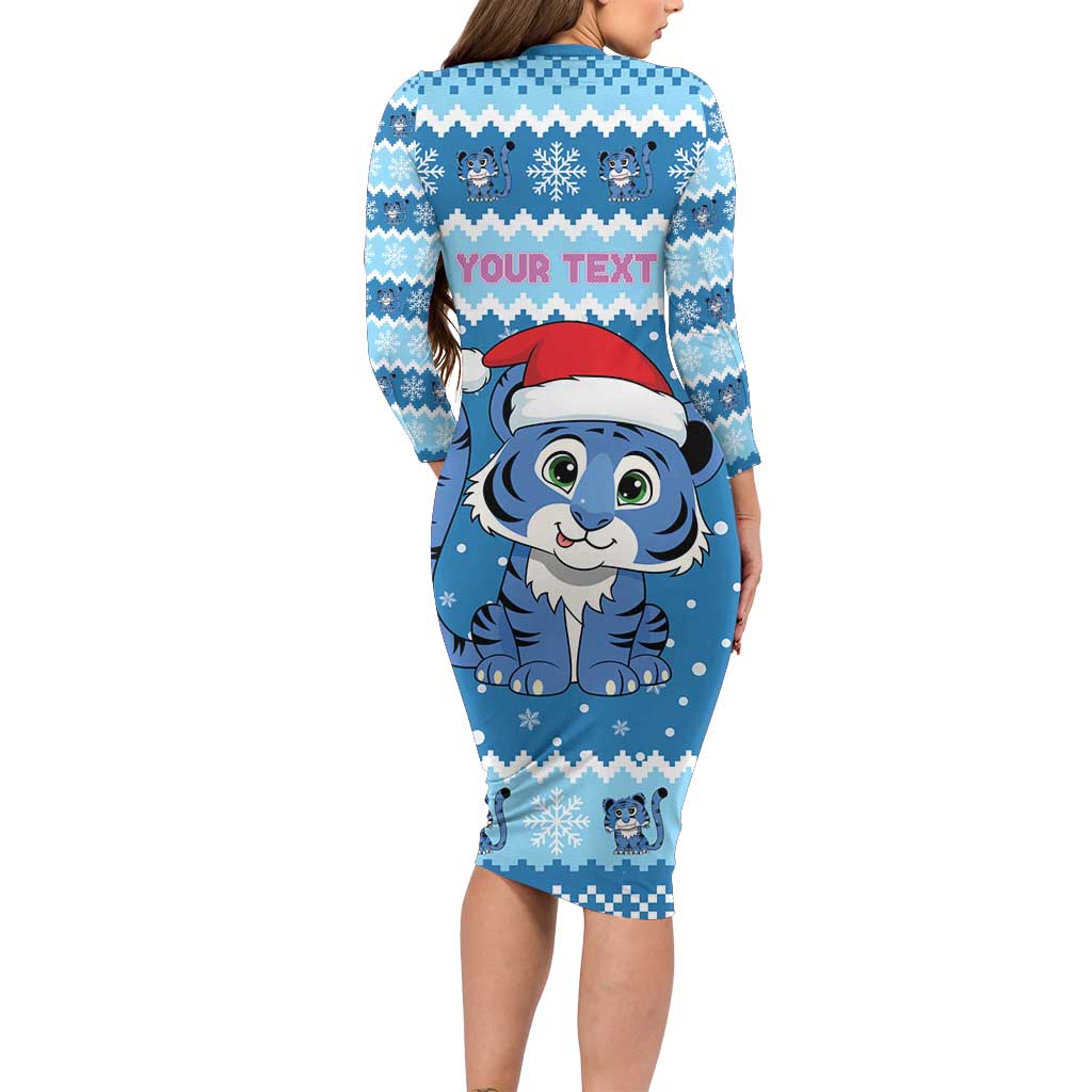 Personalized Blue Tiger Christmas Long Sleeve Bodycon Dress Kawaii Derpy Tiger Santa Mode - Wonder Print Shop