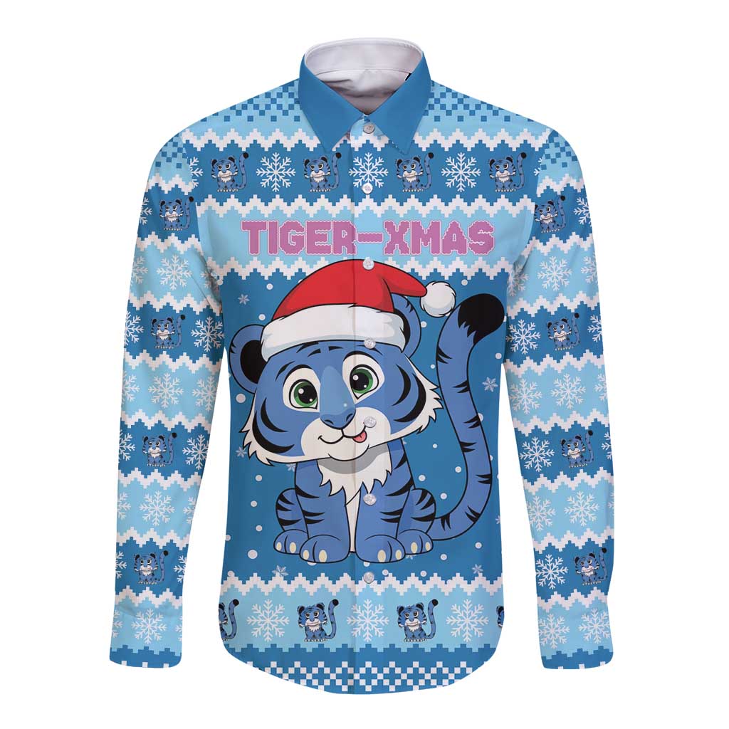 Personalized Blue Tiger Christmas Long Sleeve Button Shirt Kawaii Derpy Tiger Santa Mode - Wonder Print Shop