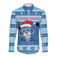 Personalized Blue Tiger Christmas Long Sleeve Button Shirt Kawaii Derpy Tiger Santa Mode - Wonder Print Shop