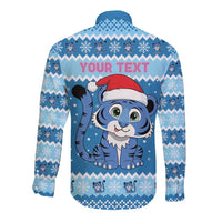 Personalized Blue Tiger Christmas Long Sleeve Button Shirt Kawaii Derpy Tiger Santa Mode - Wonder Print Shop