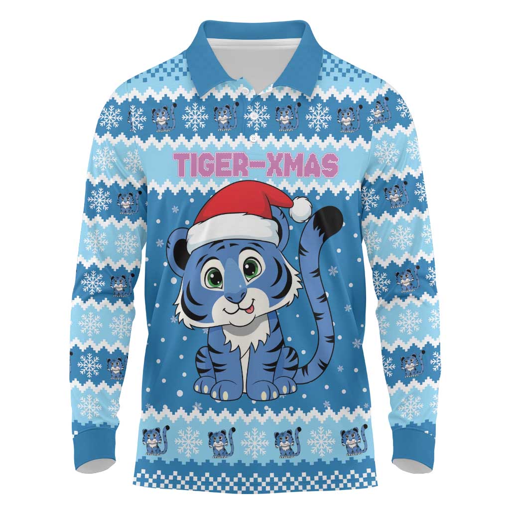 Personalized Blue Tiger Christmas Long Sleeve Polo Shirt Kawaii Derpy Tiger Santa Mode - Wonder Print Shop
