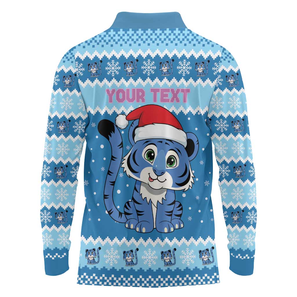Personalized Blue Tiger Christmas Long Sleeve Polo Shirt Kawaii Derpy Tiger Santa Mode - Wonder Print Shop