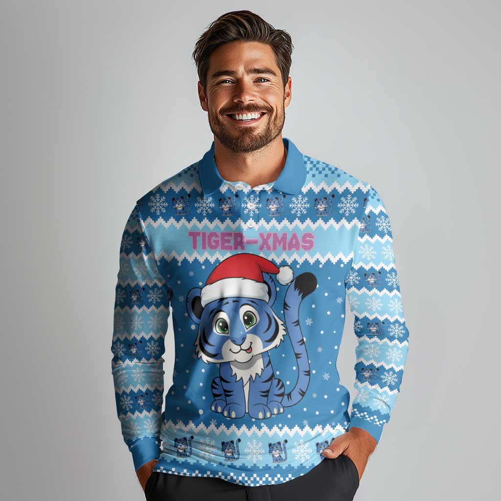 Personalized Blue Tiger Christmas Long Sleeve Polo Shirt Kawaii Derpy Tiger Santa Mode - Wonder Print Shop