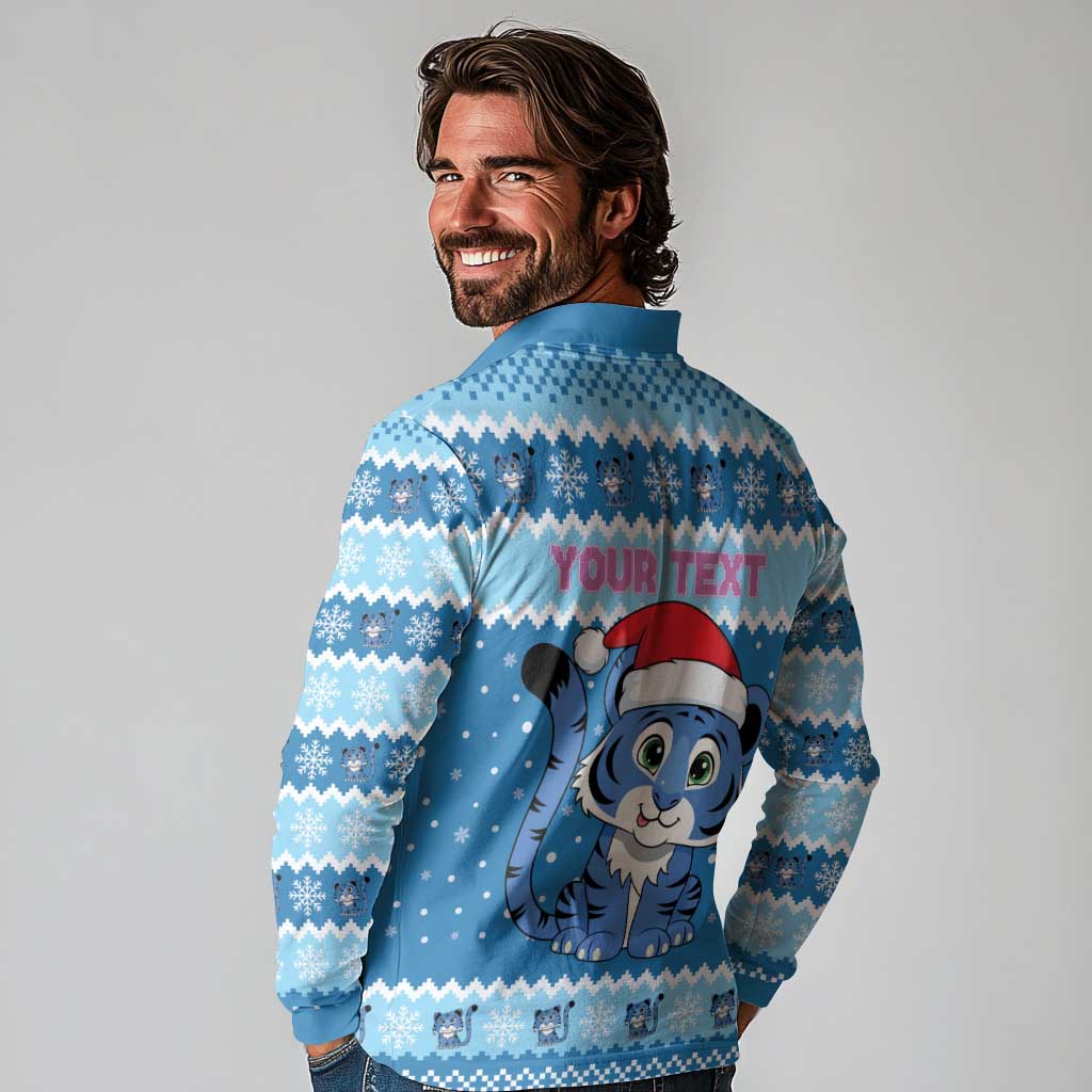 Personalized Blue Tiger Christmas Long Sleeve Polo Shirt Kawaii Derpy Tiger Santa Mode - Wonder Print Shop