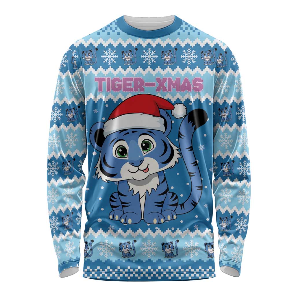 Personalized Blue Tiger Christmas Long Sleeve Shirt Kawaii Derpy Tiger Santa Mode - Wonder Print Shop