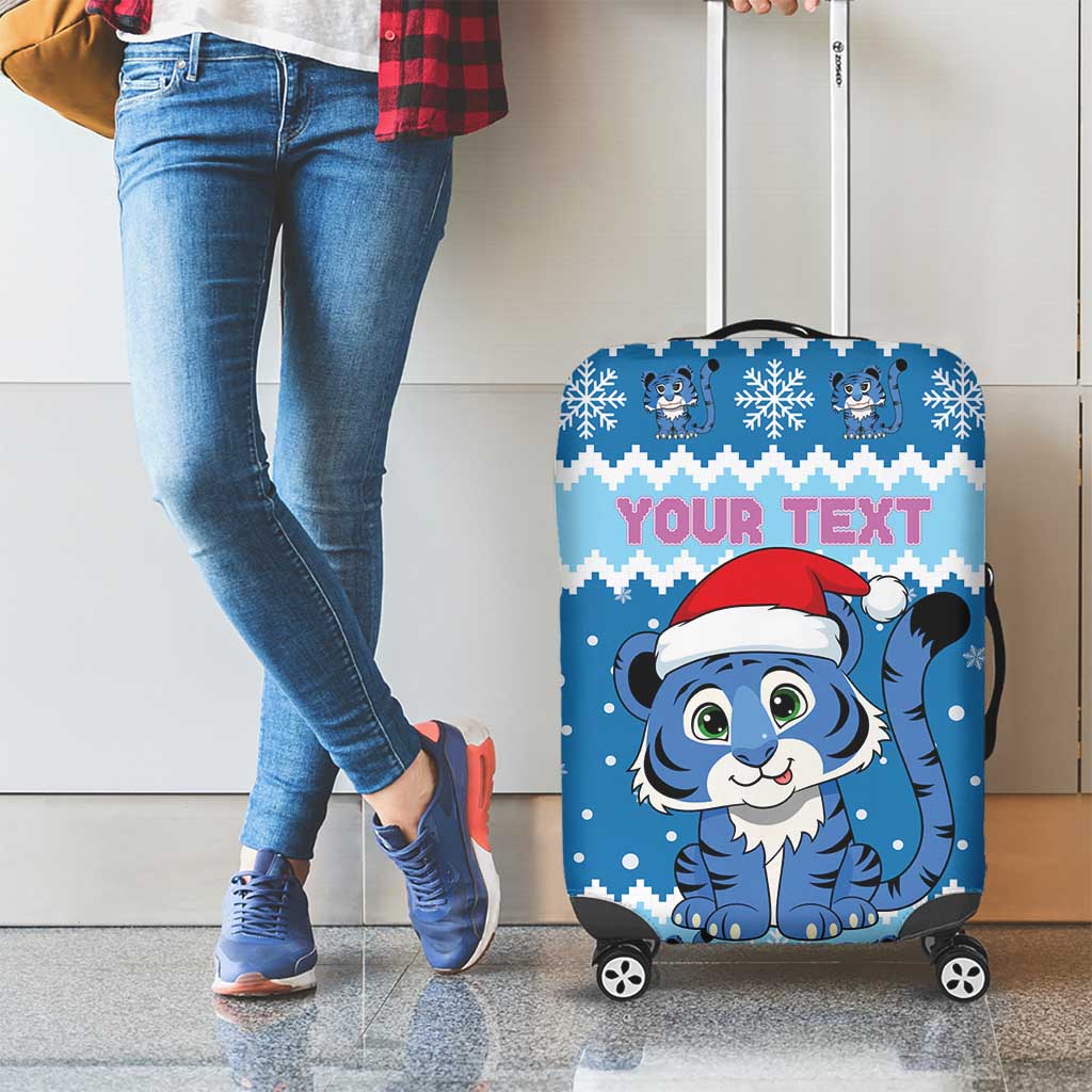 Personalized Blue Tiger Christmas Luggage Cover Kawaii Derpy Tiger Santa Mode - Wonder Print Shop