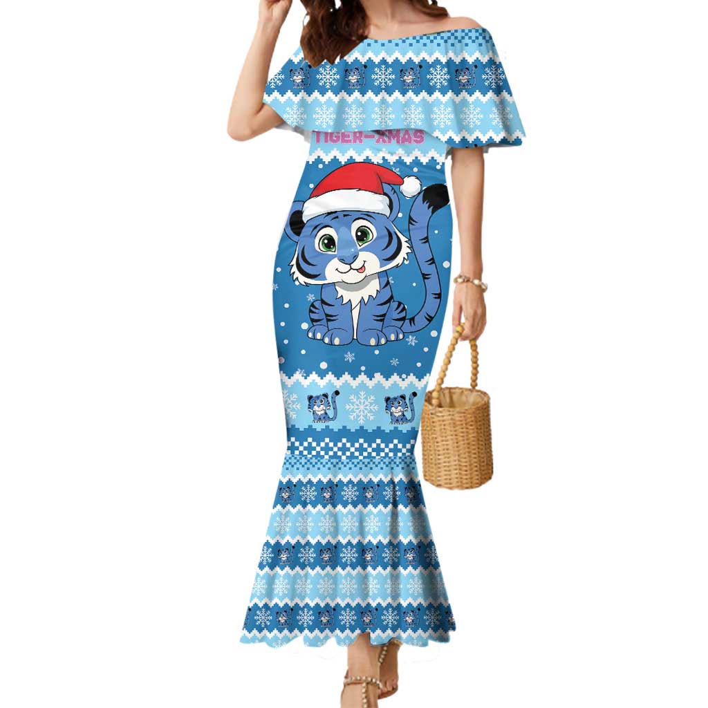 Personalized Blue Tiger Christmas Mermaid Dress Kawaii Derpy Tiger Santa Mode - Wonder Print Shop