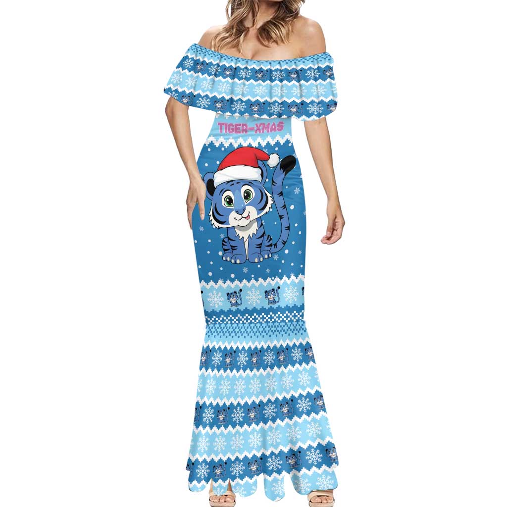 Personalized Blue Tiger Christmas Mermaid Dress Kawaii Derpy Tiger Santa Mode - Wonder Print Shop