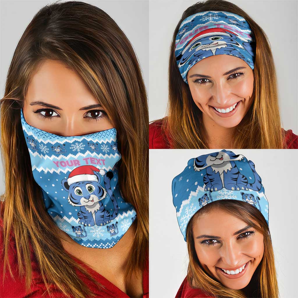 Personalized Blue Tiger Christmas Neck Gaiter Kawaii Derpy Tiger Santa Mode - Wonder Print Shop