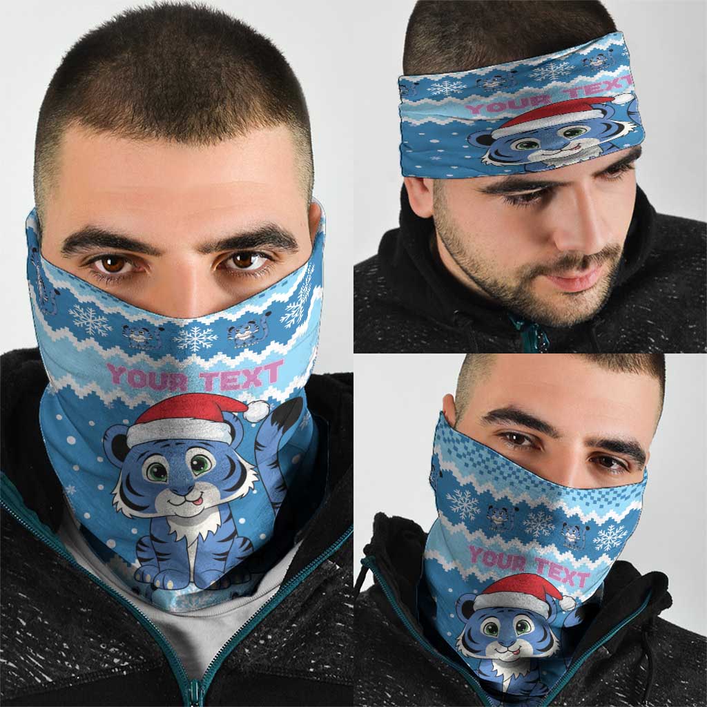 Personalized Blue Tiger Christmas Neck Gaiter Kawaii Derpy Tiger Santa Mode - Wonder Print Shop
