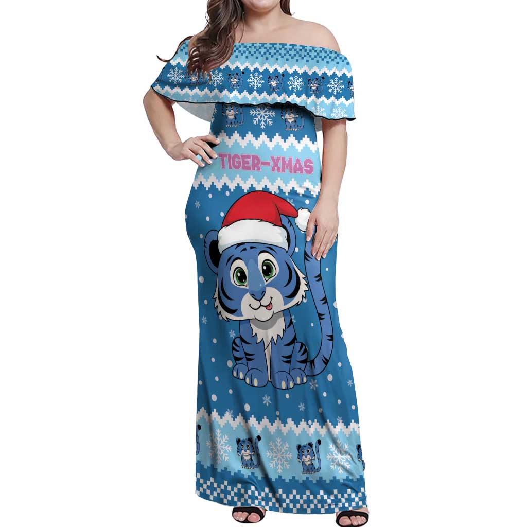 Personalized Blue Tiger Christmas Off Shoulder Maxi Dress Kawaii Derpy Tiger Santa Mode - Wonder Print Shop