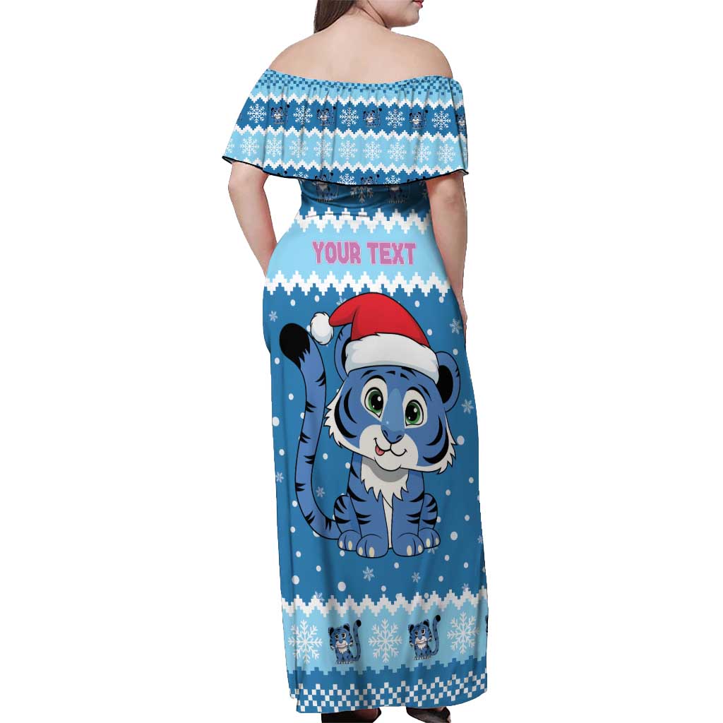 Personalized Blue Tiger Christmas Off Shoulder Maxi Dress Kawaii Derpy Tiger Santa Mode - Wonder Print Shop