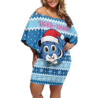 Personalized Blue Tiger Christmas Off Shoulder Short Dress Kawaii Derpy Tiger Santa Mode - Wonder Print Shop