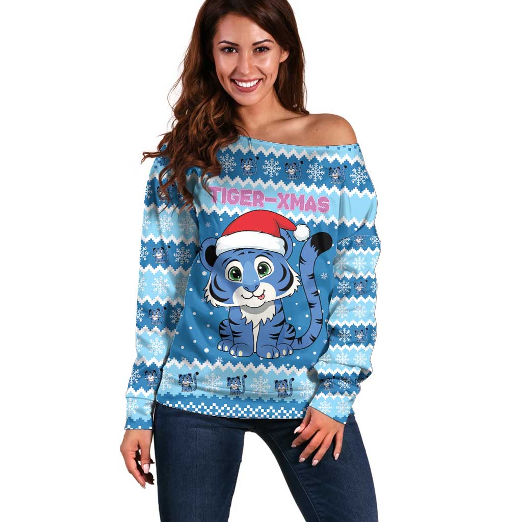 Personalized Blue Tiger Christmas Off Shoulder Sweater Kawaii Derpy Tiger Santa Mode - Wonder Print Shop