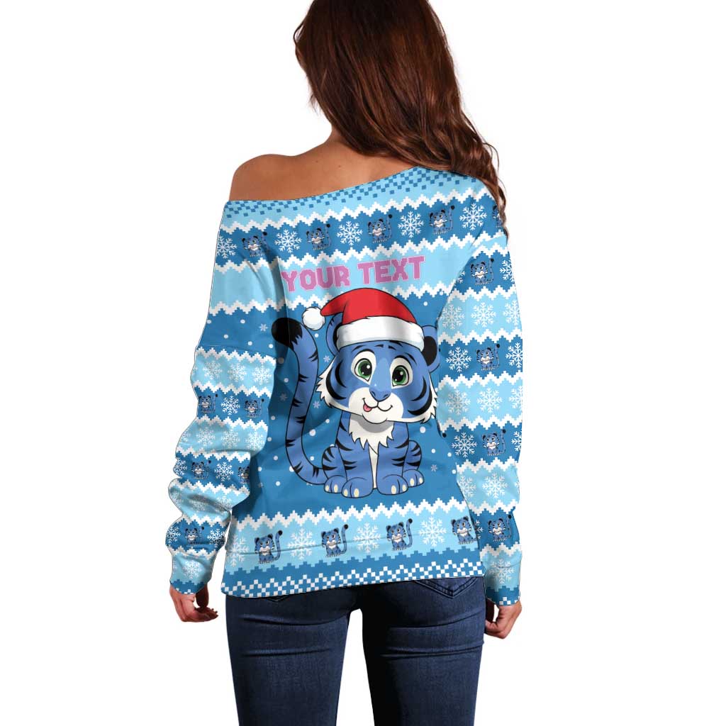 Personalized Blue Tiger Christmas Off Shoulder Sweater Kawaii Derpy Tiger Santa Mode - Wonder Print Shop