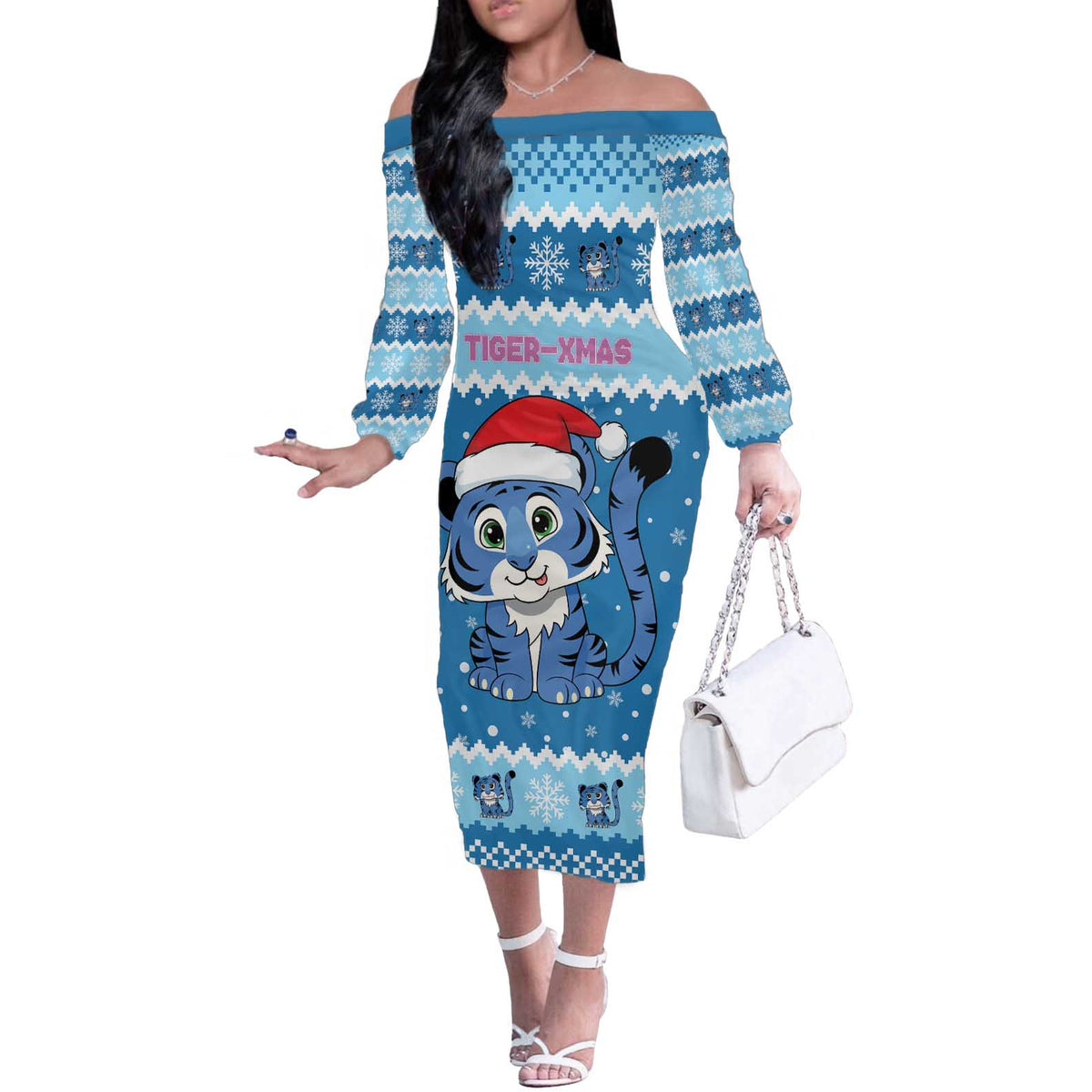 Personalized Blue Tiger Christmas Off The Shoulder Long Sleeve Dress Kawaii Derpy Tiger Santa Mode - Wonder Print Shop