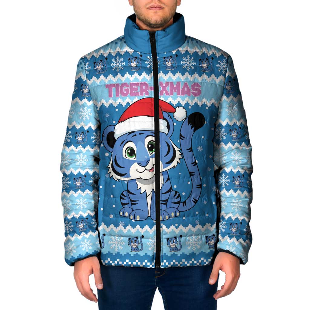 Personalized Blue Tiger Christmas Padded Jacket Kawaii Derpy Tiger Santa Mode - Wonder Print Shop