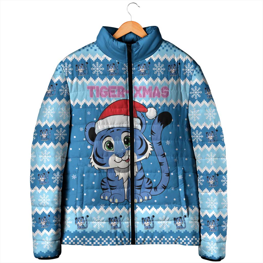 Personalized Blue Tiger Christmas Padded Jacket Kawaii Derpy Tiger Santa Mode - Wonder Print Shop