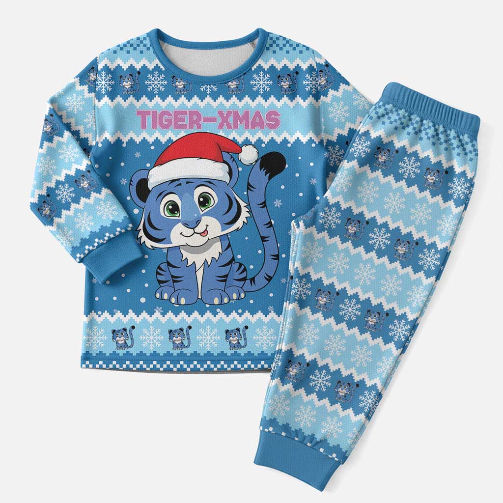 Personalized Blue Tiger Christmas Pajama Set Kawaii Derpy Tiger Santa Mode - Wonder Print Shop