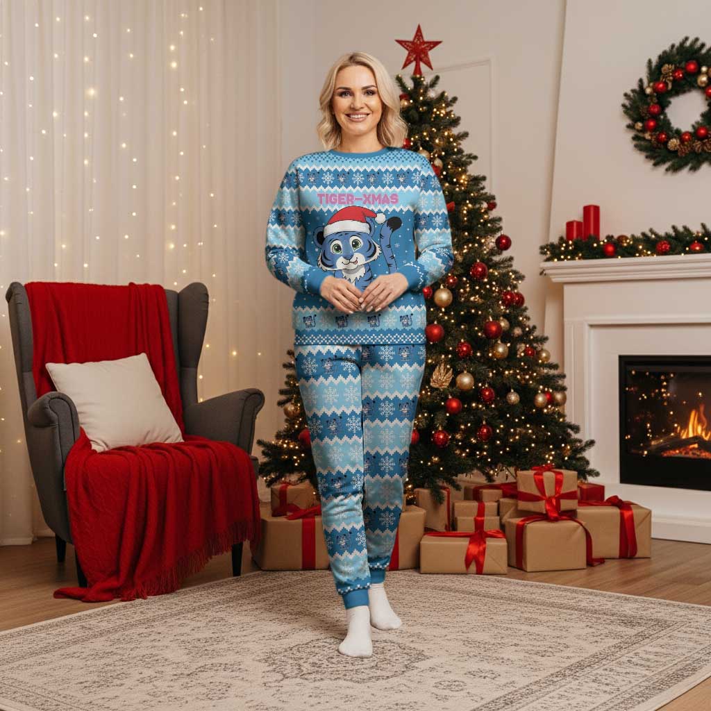 Personalized Blue Tiger Christmas Pajama Set Kawaii Derpy Tiger Santa Mode - Wonder Print Shop