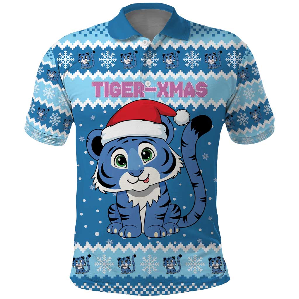 Personalized Blue Tiger Christmas Polo Shirt Kawaii Derpy Tiger Santa Mode - Wonder Print Shop
