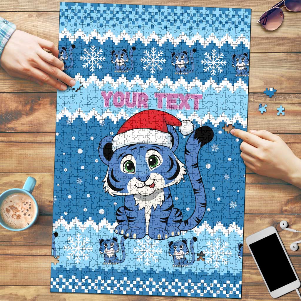 Personalized Blue Tiger Christmas Puzzle Kawaii Derpy Tiger Santa Mode - Wonder Print Shop