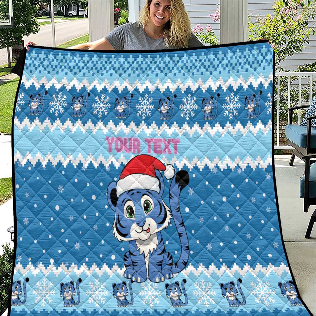 Personalized Blue Tiger Christmas Quilt Kawaii Derpy Tiger Santa Mode - Wonder Print Shop