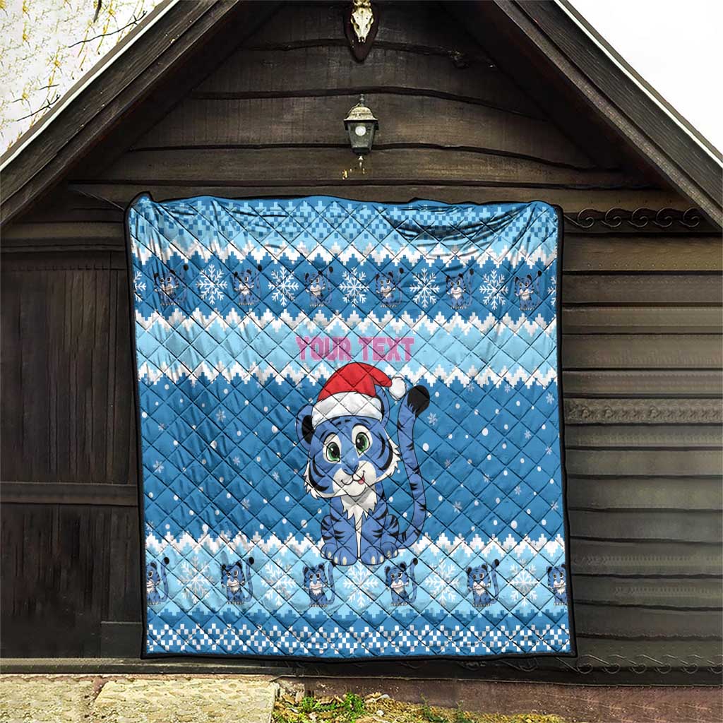 Personalized Blue Tiger Christmas Quilt Kawaii Derpy Tiger Santa Mode - Wonder Print Shop