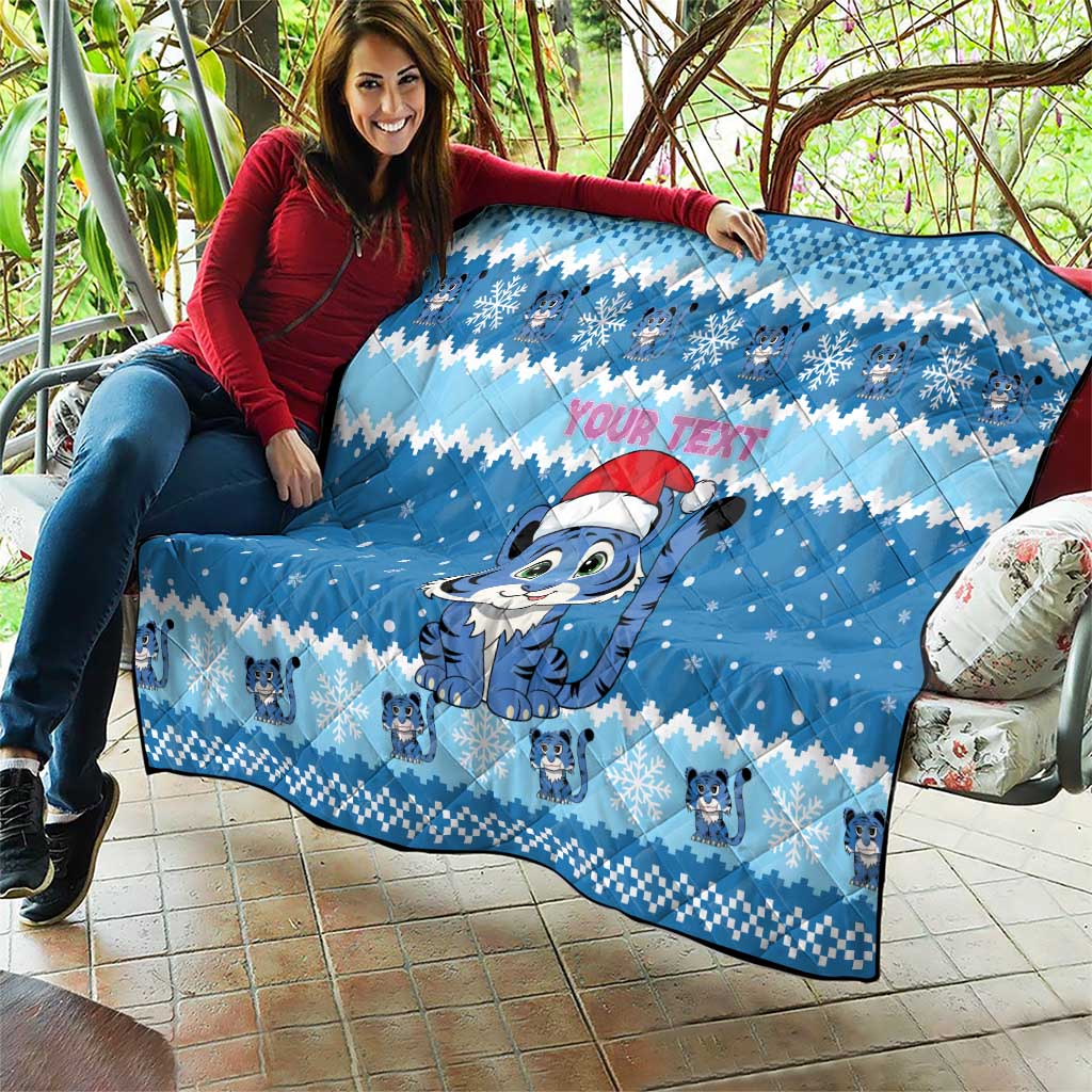 Personalized Blue Tiger Christmas Quilt Kawaii Derpy Tiger Santa Mode - Wonder Print Shop