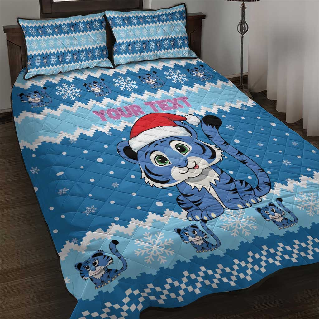Personalized Blue Tiger Christmas Quilt Bed Set Kawaii Derpy Tiger Santa Mode - Wonder Print Shop