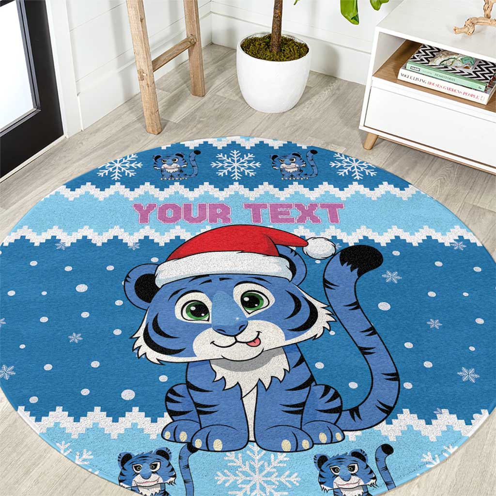Personalized Blue Tiger Christmas Round Carpet Kawaii Derpy Tiger Santa Mode - Wonder Print Shop