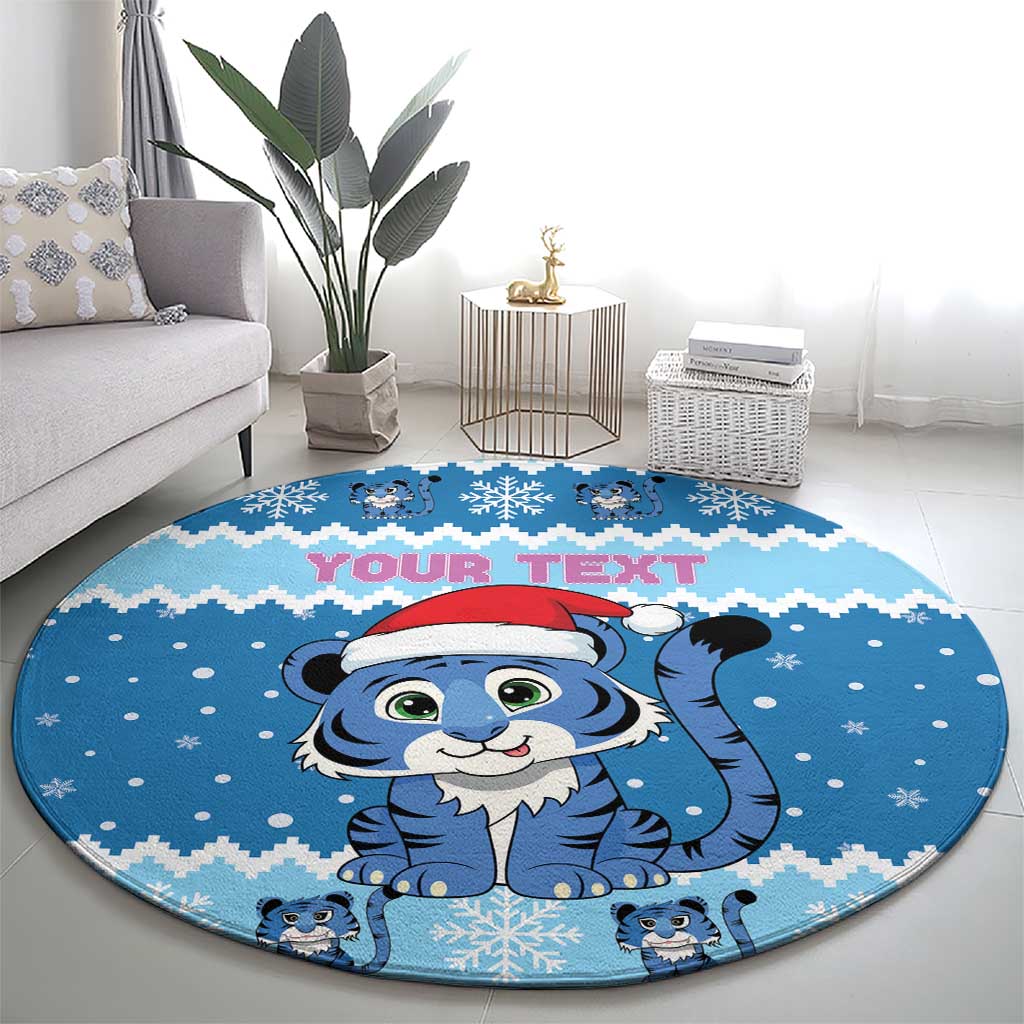 Personalized Blue Tiger Christmas Round Carpet Kawaii Derpy Tiger Santa Mode - Wonder Print Shop