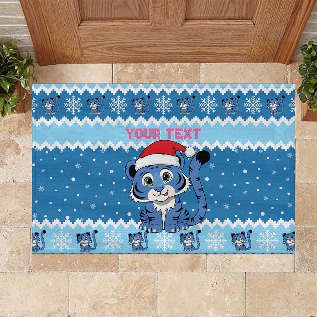 Personalized Blue Tiger Christmas Rubber Doormat Kawaii Derpy Tiger Santa Mode - Wonder Print Shop