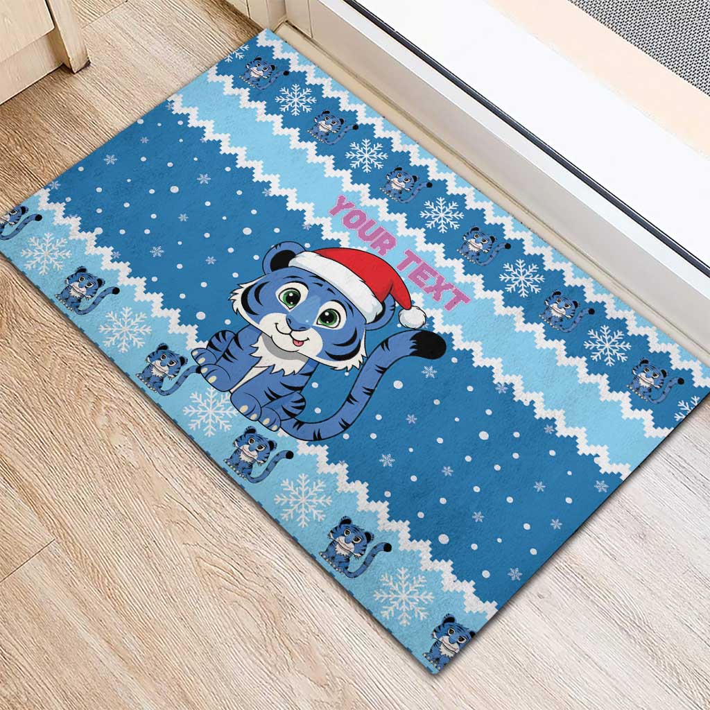 Personalized Blue Tiger Christmas Rubber Doormat Kawaii Derpy Tiger Santa Mode - Wonder Print Shop